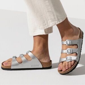 Birkenstock Florida Birko-Flor Silver Triple Buckle Slip on Metallic Sandals 39